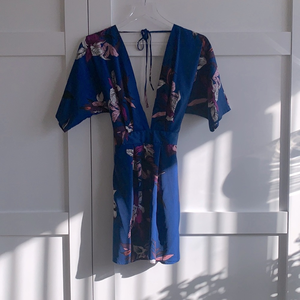 Blue dress with floral print.